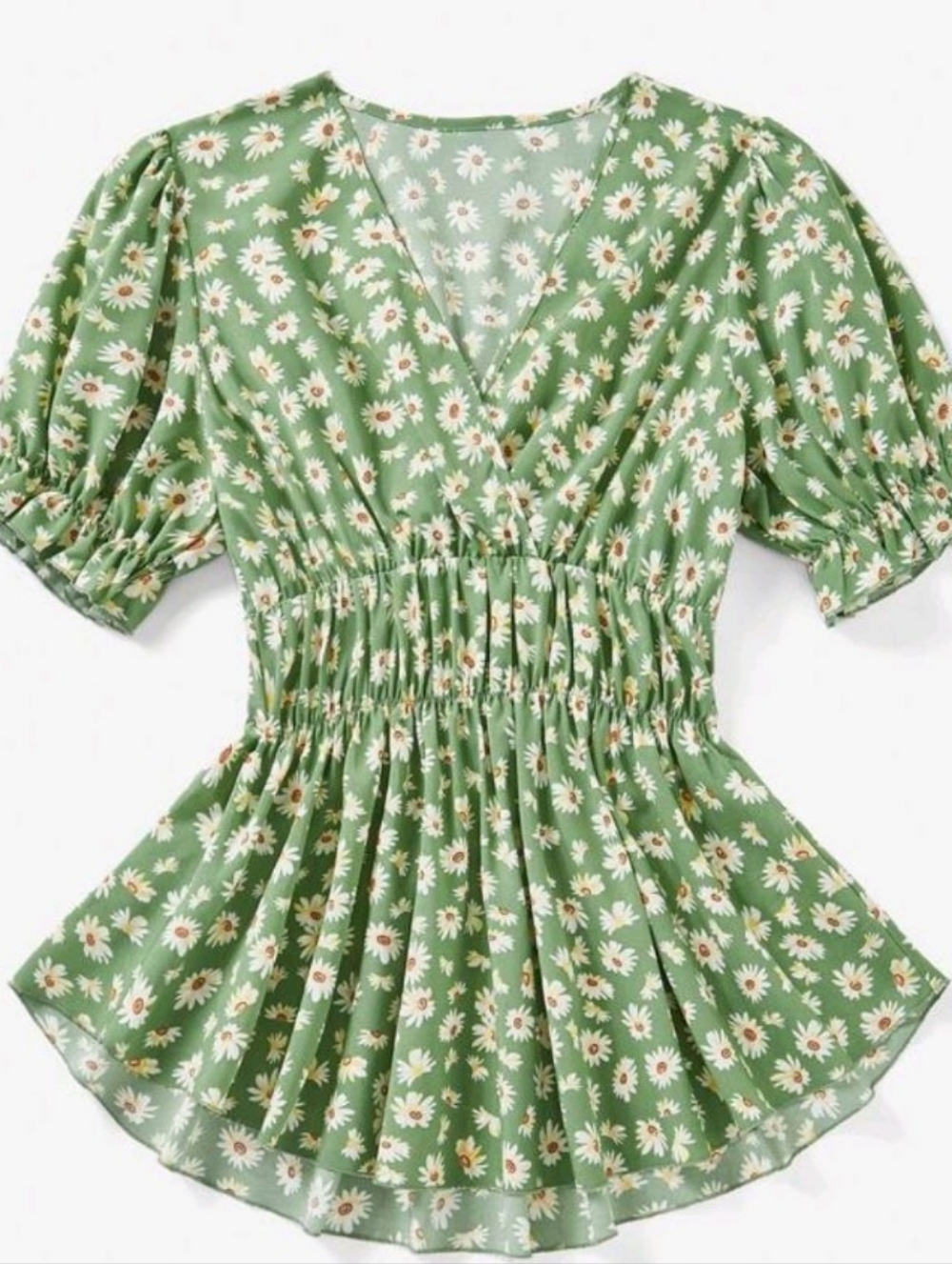 Green Daisy Print Smocked Waist V-Neck Top - Picture 2 of 5